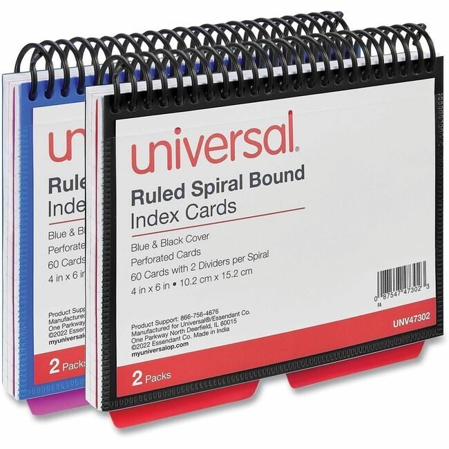 Universal Office Products Index Spirl 4X6 2 Pack Bl/Bk UNV47302