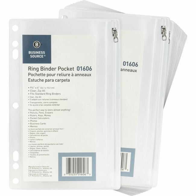 Business Source Pocket Zipper Binder 9.5X6 Clear BSN01606BX