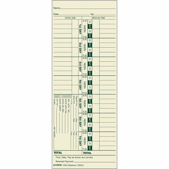 TOPS Products Form Time Card Wk 3-3/8X8.2 TOP1252