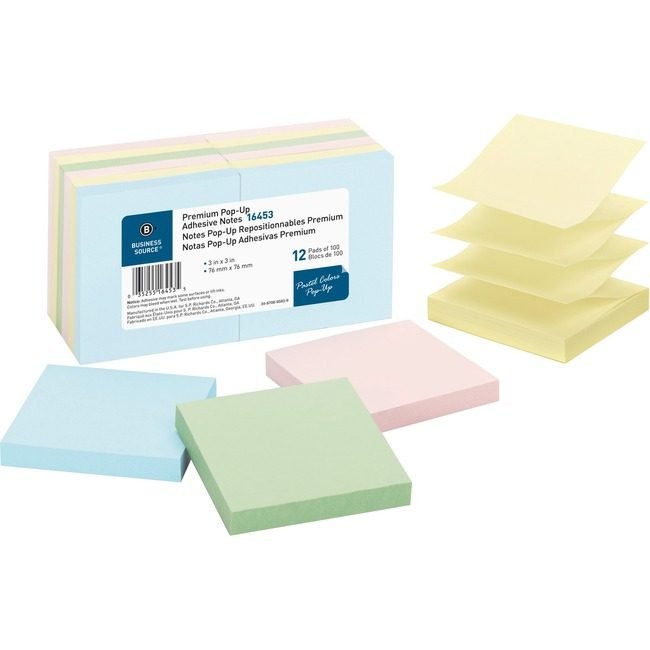 Business Source Notes Popup 3X3 12 Pack Pastel BSN16453