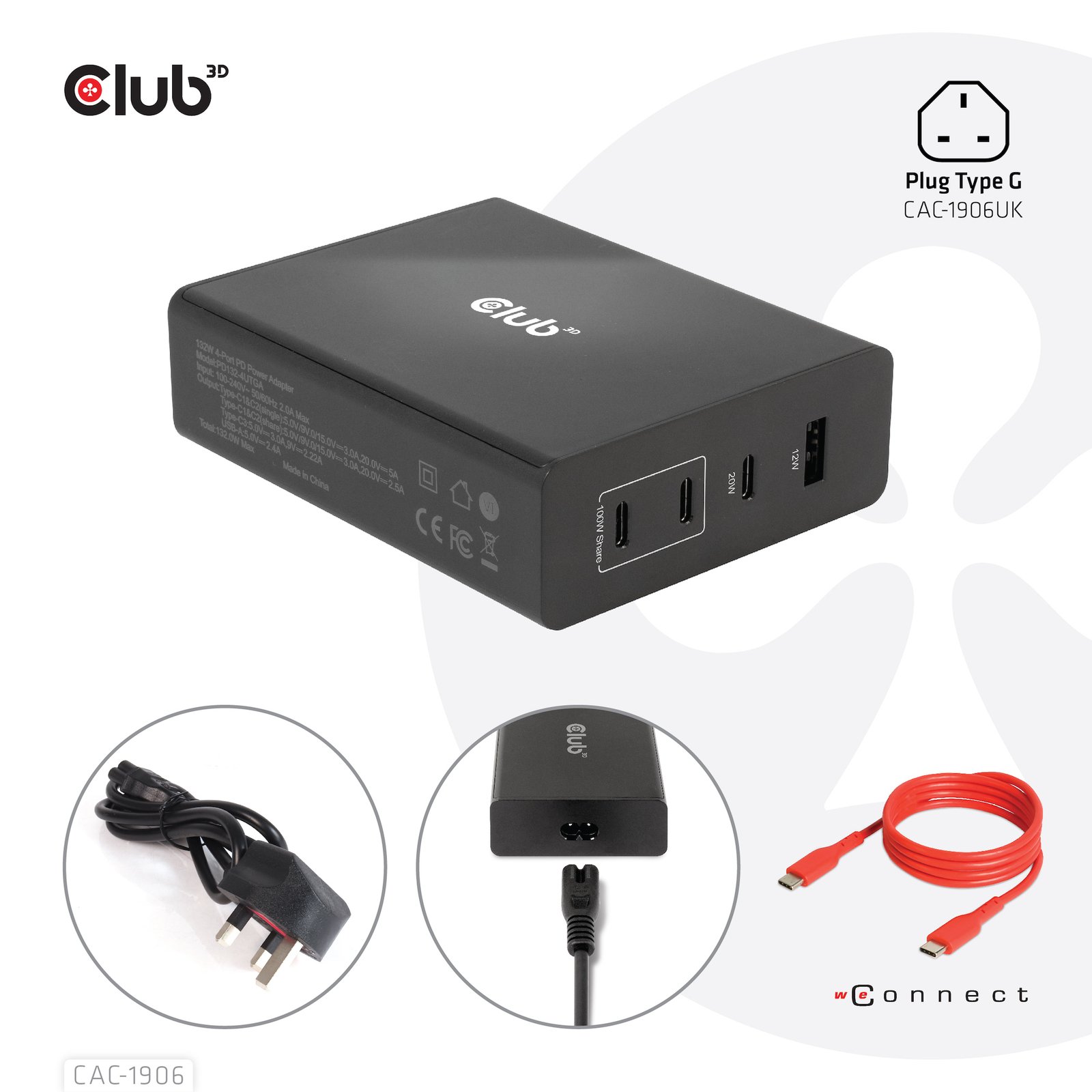 CLUB 3D CLUB3D Travel Charger 132W GAN technology, Four port USB Type-A and -C, Power Delivery(PD)