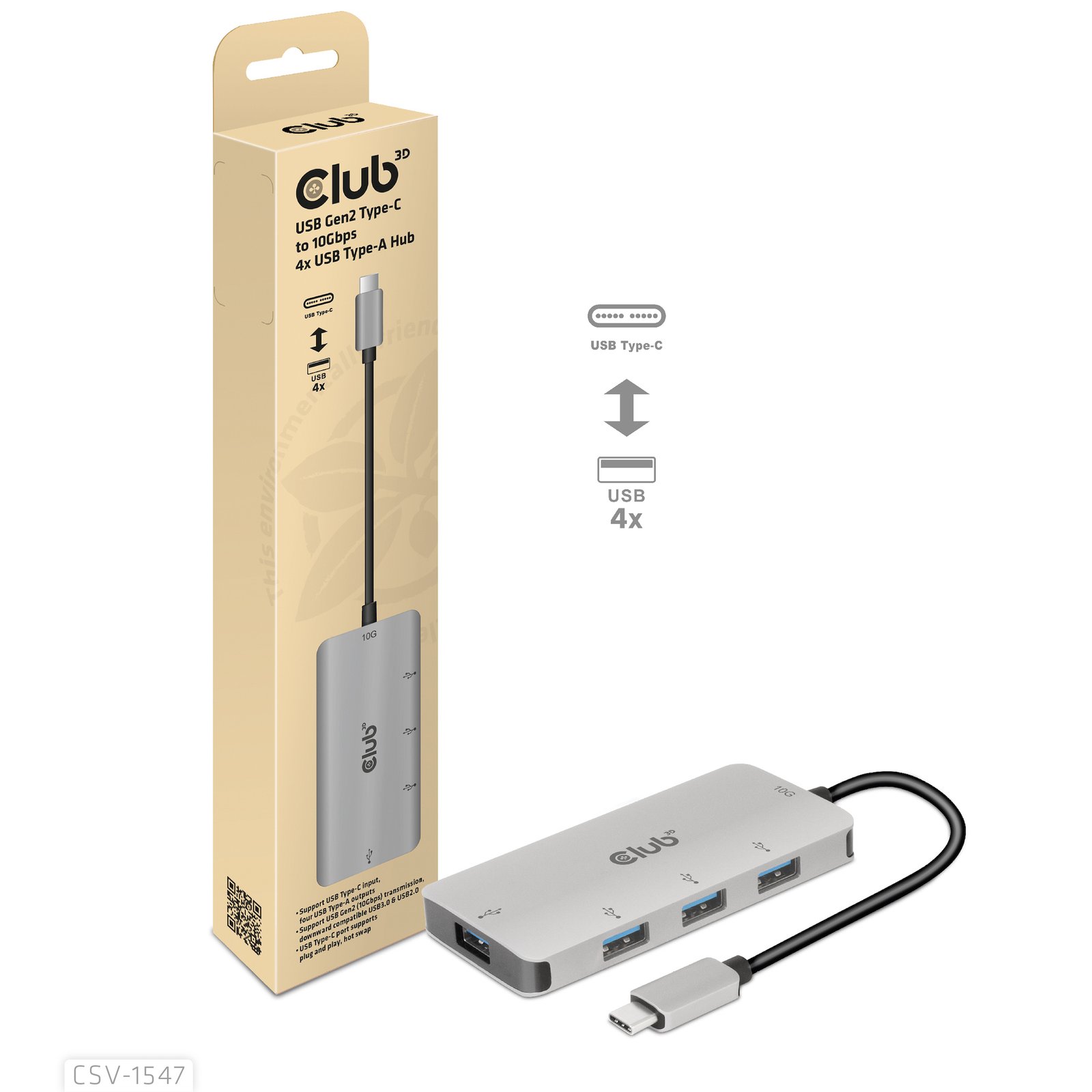 CLUB 3D CLUB3D 4-Port USB-A Hub for USB-C – 10Gbps Fast Transfer CSV-1547