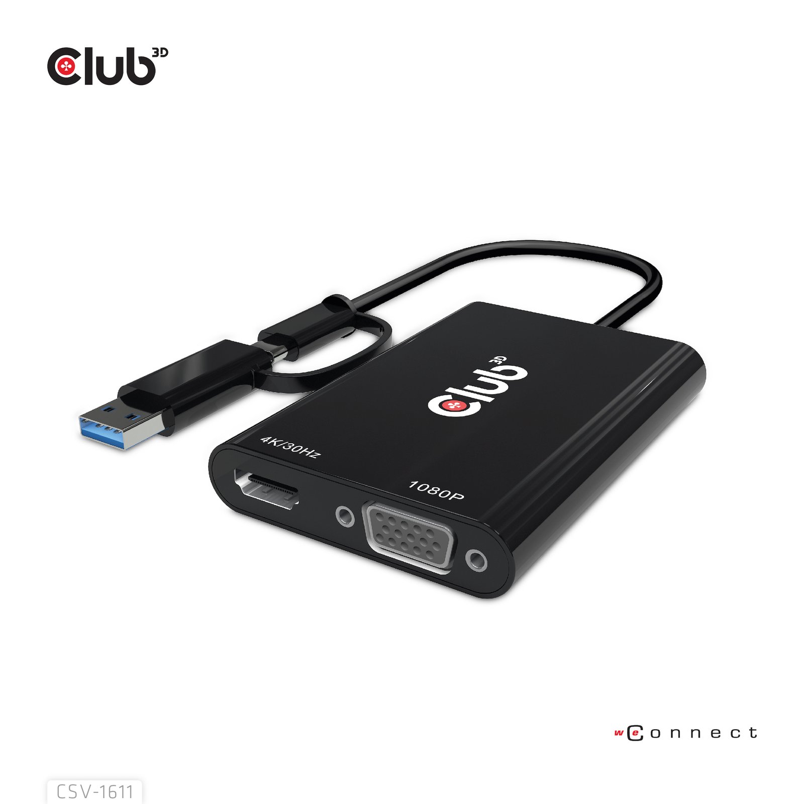 CLUB 3D CLUB3D USB Gen1 Type-C/-A to Dual HDMI (4K/30Hz) / VGA (1080/60Hz) CSV-1611