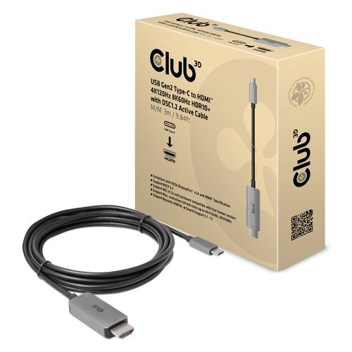 CLUB 3D CLUB3D USB Gen2 Type-C to HDMI 4K120Hz 8K60Hz HDR10 with DSC1.2 Active Cable M/M 3m /