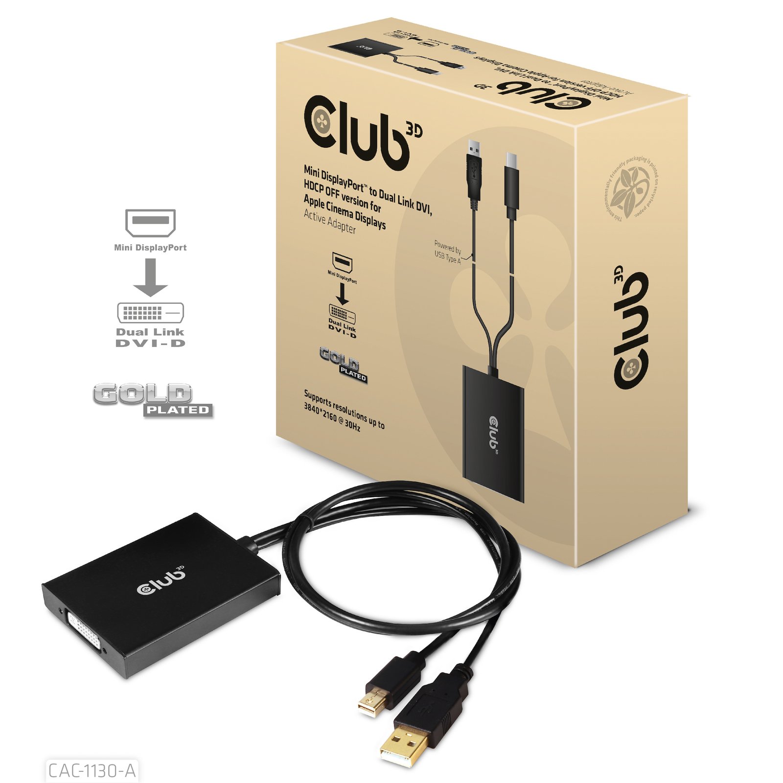 CLUB 3D CLUB3D Mini DisplayPort to Dual Link DVI, HDCP OFF version for Apple Cinema Displays Active