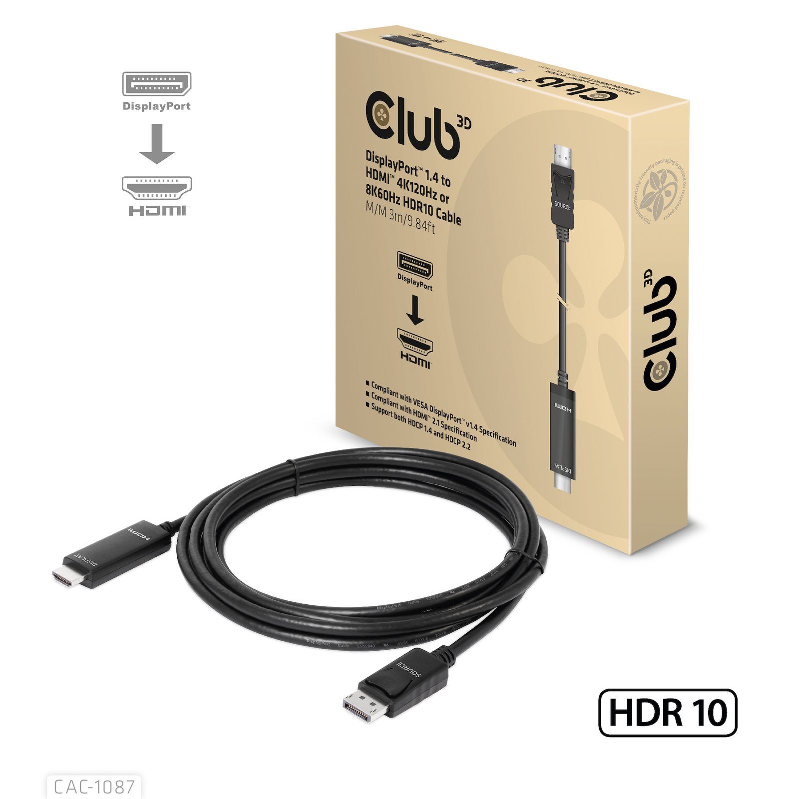 CLUB 3D CLUB3D DisplayPort 1.4 to HDMI 4K120Hz or 8K60Hz HDR10 Cable M/M 3m/9.84ft CAC-1087