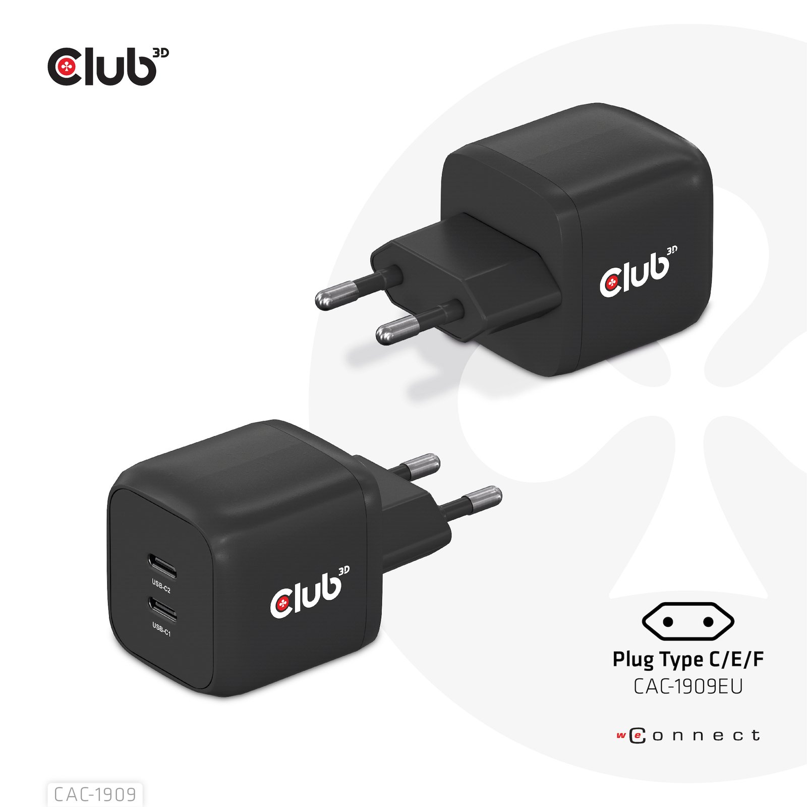 CLUB 3D CLUB3D Travel Charger PPS 45W GAN technology, Dual port USB Type-C, Power Delivery(PD) 3.0