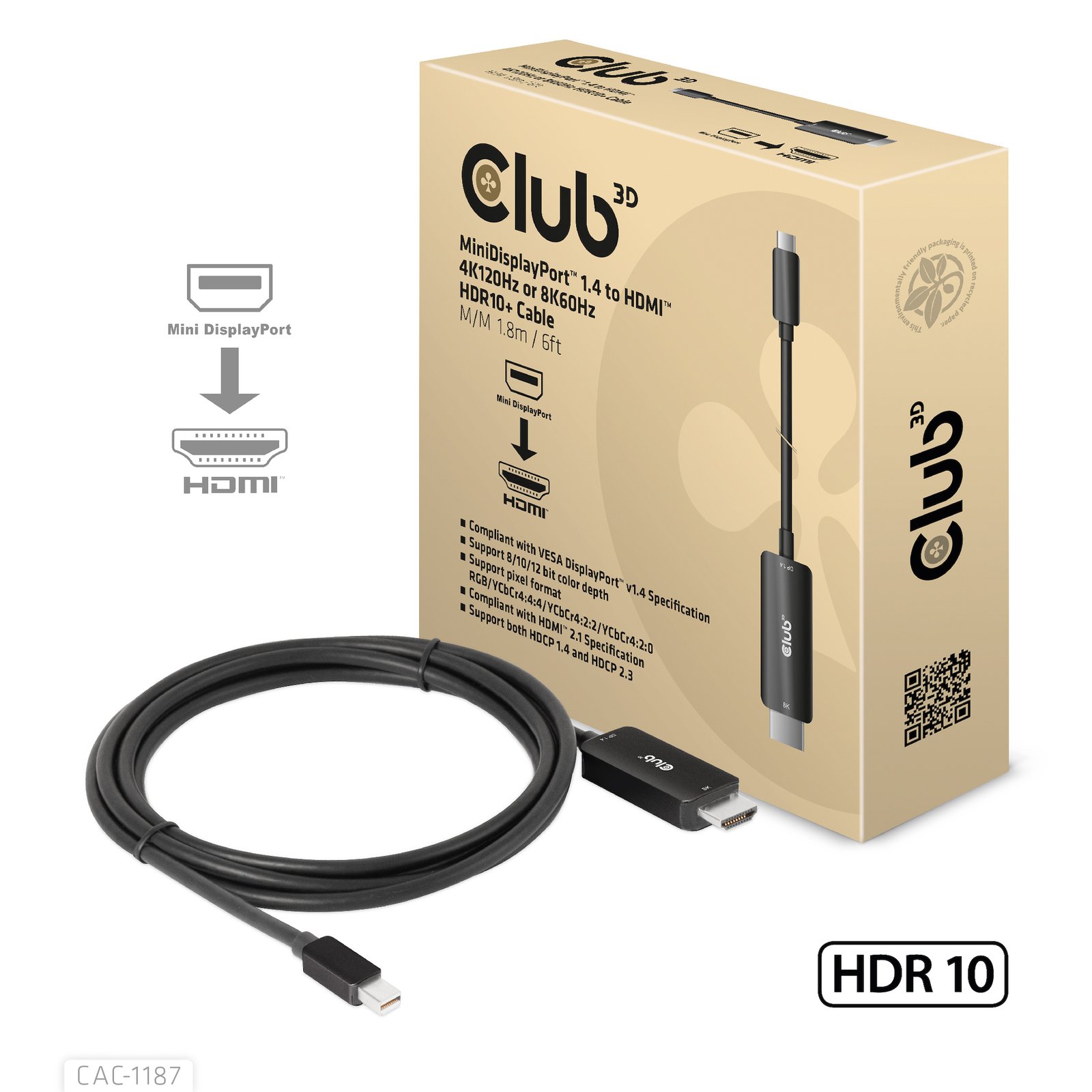 CLUB 3D CLUB3D MiniDisplayPort 1.4 to HDMI 4K120Hz or 8K60Hz HDR10+ Cable M/M 1.8m / 6ft CAC-1187