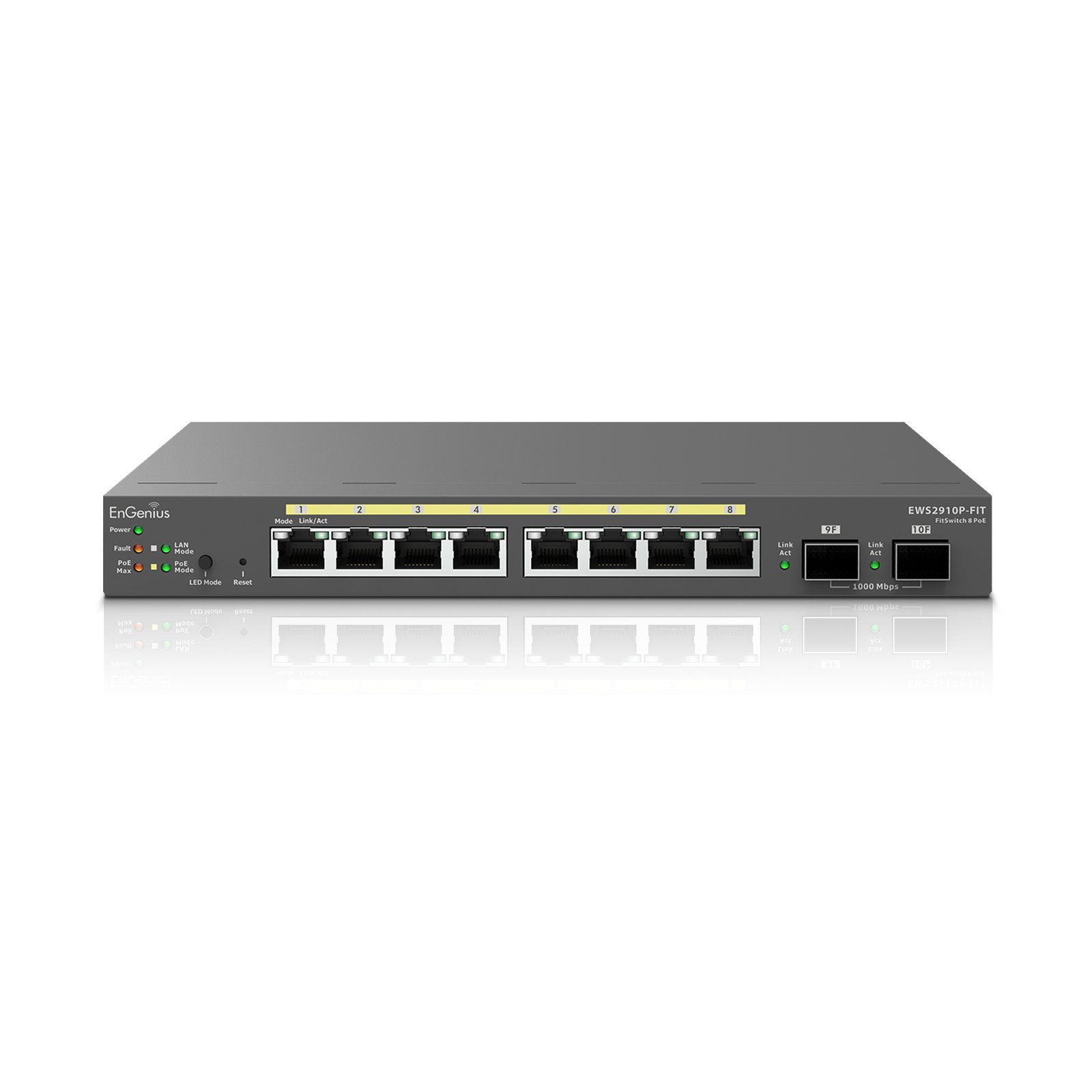 EnGenius Switch 8-port GbE PoE.af/at(+) 55W, 2xSFP Desktop wall-mountable EWS2910P-FIT