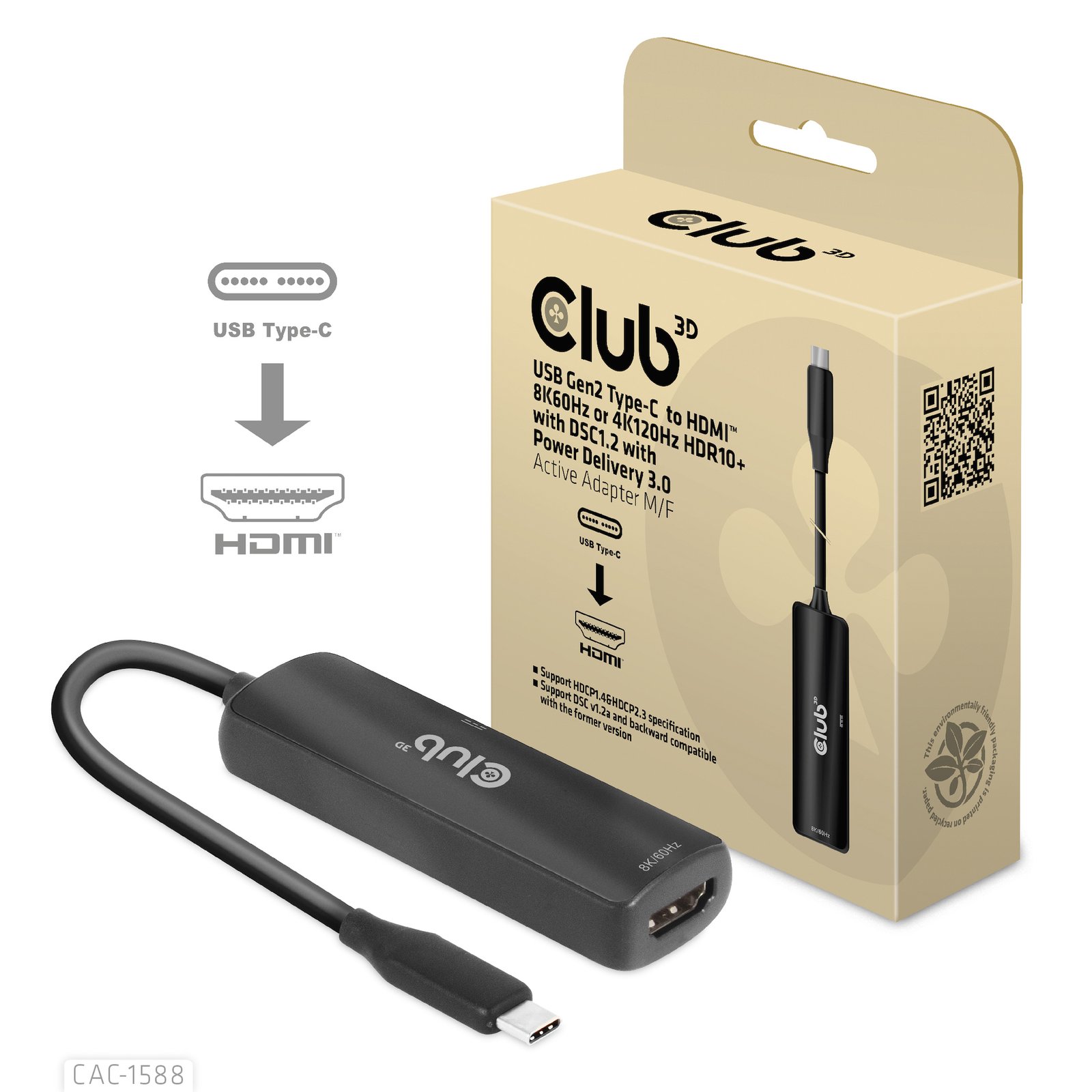 CLUB 3D CLUB3D USB Gen2 Type-C to HDMI™ 8K60Hz or 4K120Hz HDR10+ with DSC1.2 Power Delivery 3.0