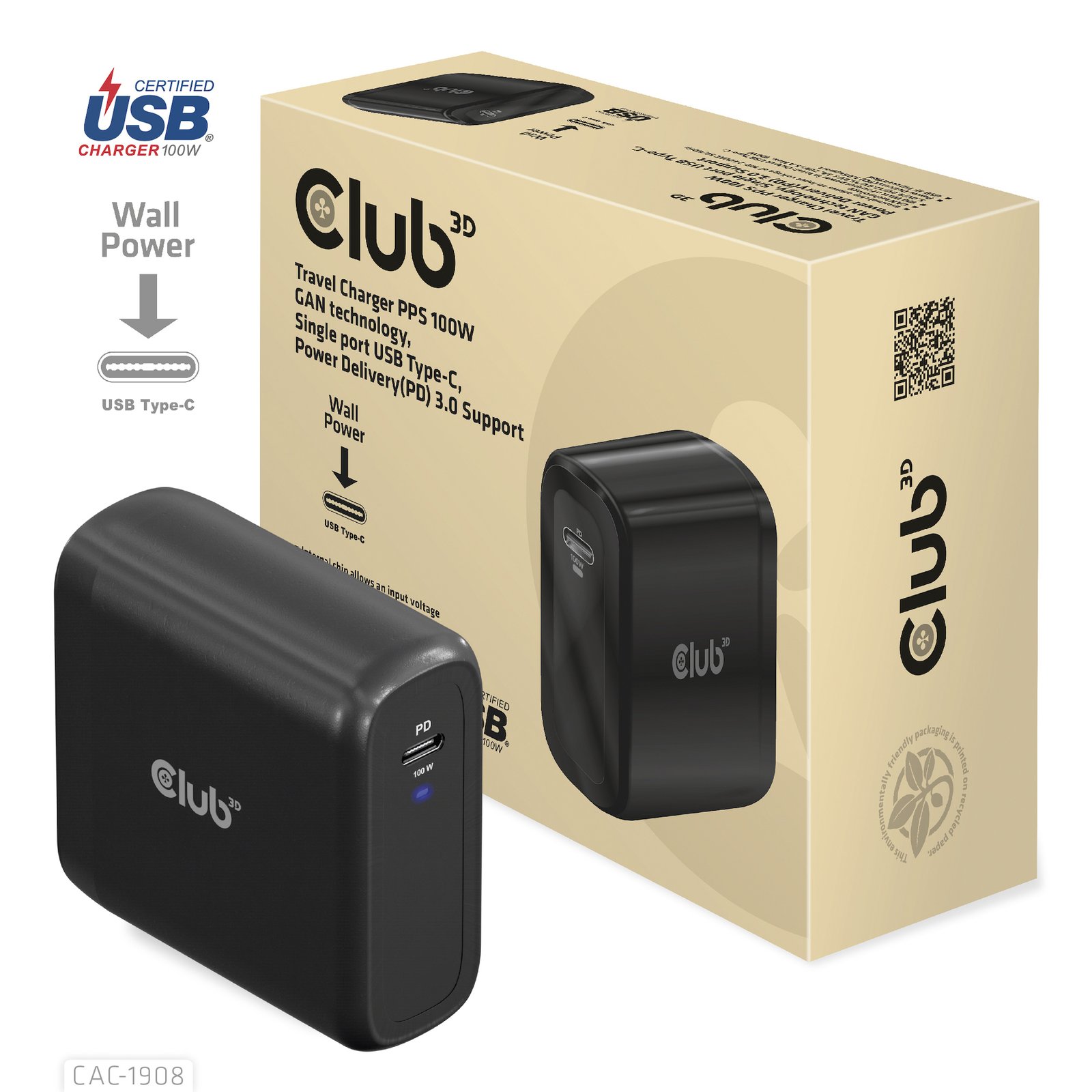 CLUB 3D CLUB3D Travel Charger 100 Watt GAN technology, USB-IF TID certified, Single port USB