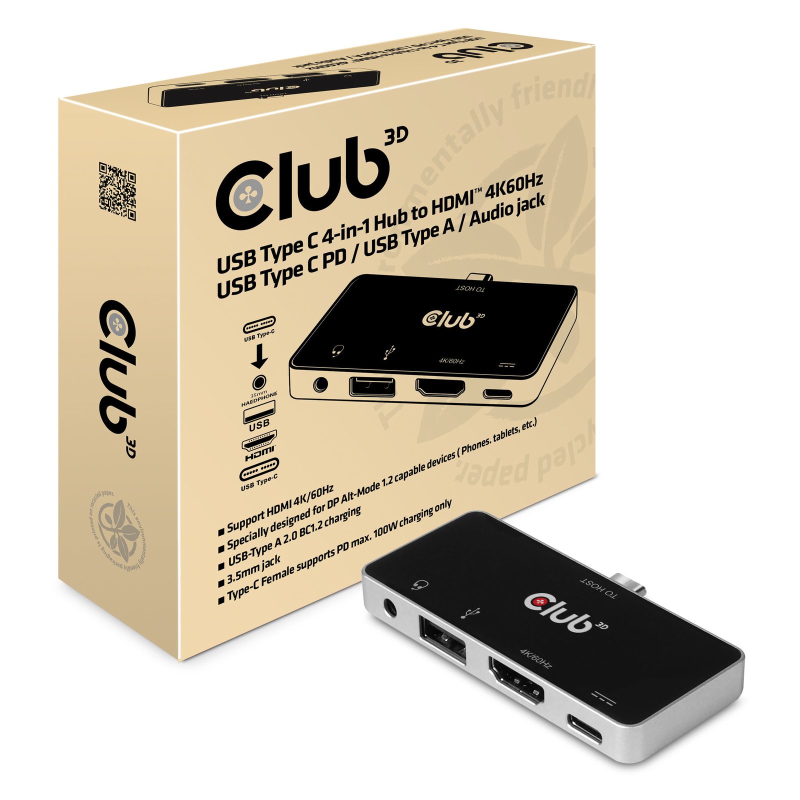 CLUB 3D CLUB3D USB Type C 4-in-1 Hub to HDMI™ 4K60Hz PD / A / Audio jack CSV-1591