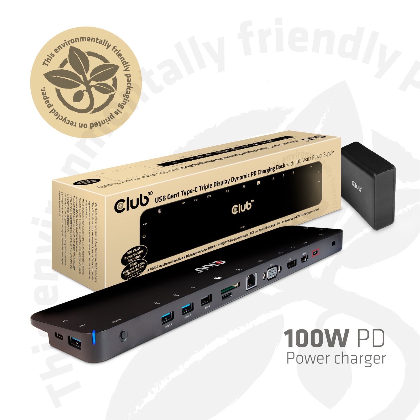 CLUB 3D CLUB3D USB Type C 3.2 Gen1 Triple Display Dynamic PD Charging Dock 100W Power charger