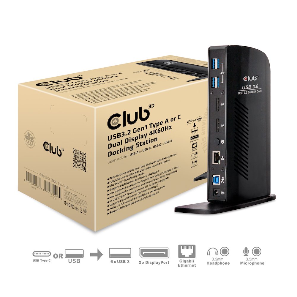 CLUB 3D CLUB3D USB3.2 Gen1 Type A or C Dual Display 4K60Hz Docking Station DisplayLink® Certified