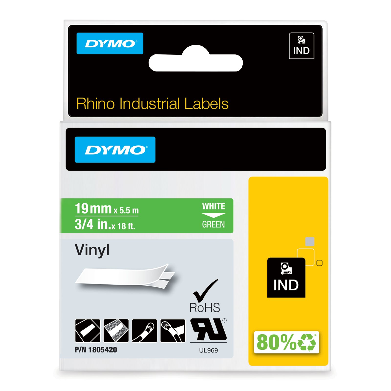 DYMO Rhino Industrial Vinyl Labels | 19 mm x 5.5 m | White Print on Green | Self-Adhesive | for 1805420