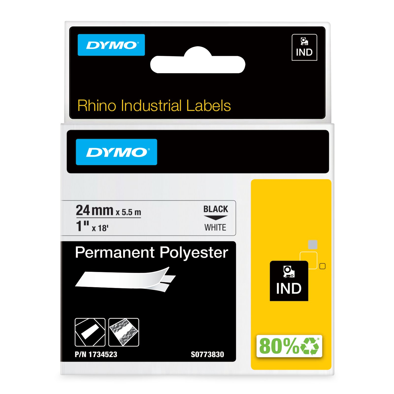 DYMO CORPORATION Rhino Industrial Permanent Polyester Labels | 24 mm x 5.5 m | Black Print on White 1734523