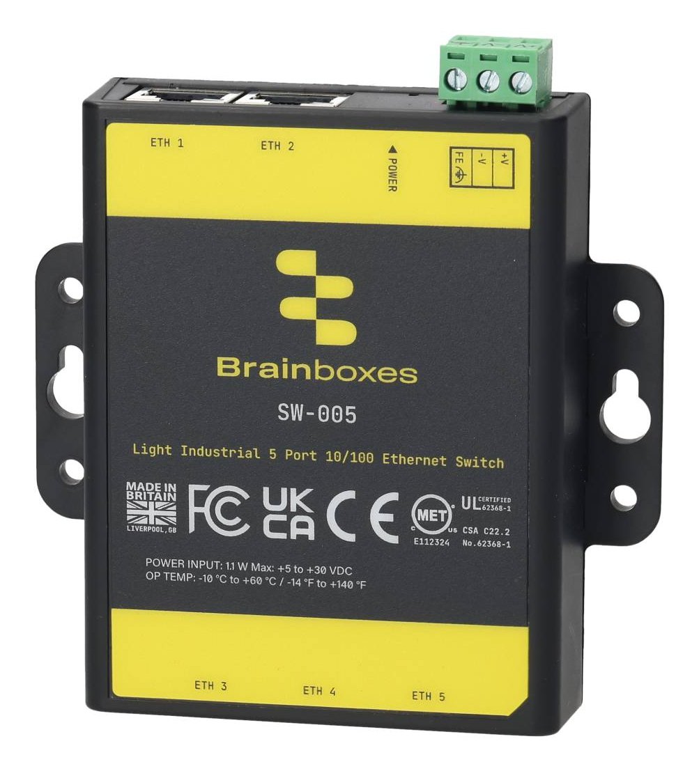 Brainboxes Light Industrial 5 Port 10/100 Ethernet Switch SW-005